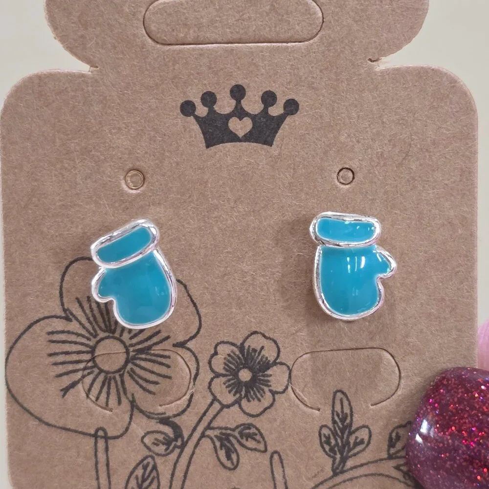 NOS Turquoise Blue Enamel Snow MITTENS Gloves Silver Stud Pierced Earrings
